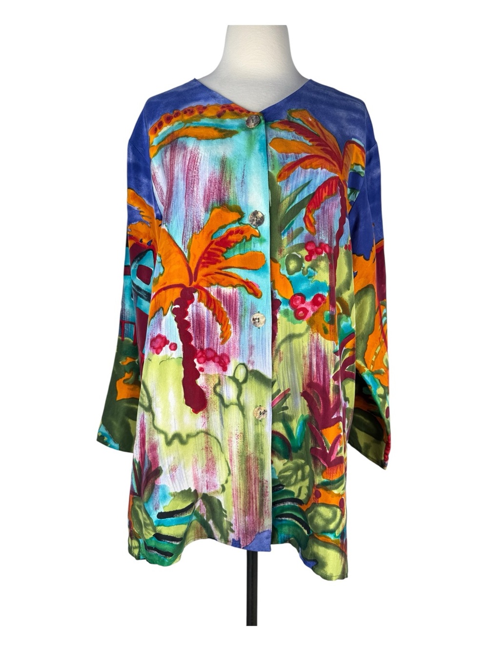 CAROLE LITTLE Art Button up Shirt Women's 6 VTG 90s 100% Silk Abstract Tropical